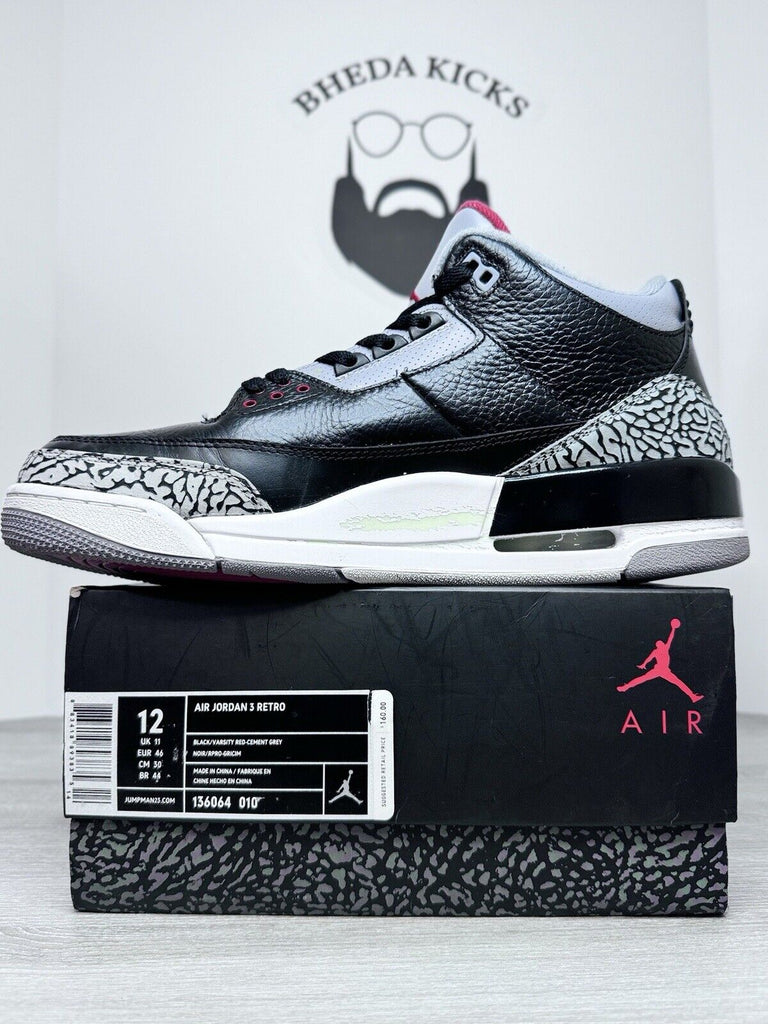 Size 12 - Nike Air Jordan Retro 3 Black Cement 2011  136064-010 Preowned