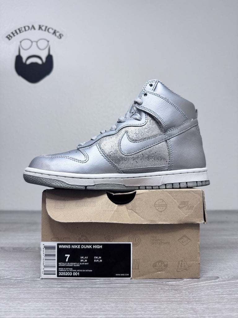 Size 7W - Nike Womens Dunk High Metallic Shoe Silver Sparkle High 325203-001