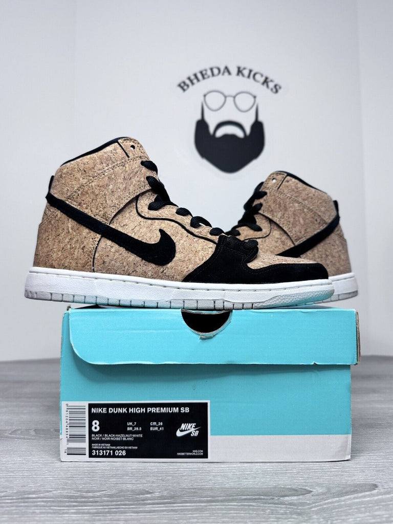 Size 8 - Nike SB Dunk High Cork 313171-026 Black Hazelnut White Preowned