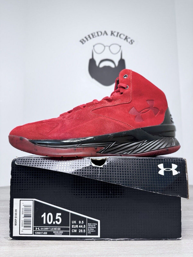 Size 10.5 - Under Armour Curry 1 Lux Mid Red Black Suede Basketball 1296617-600