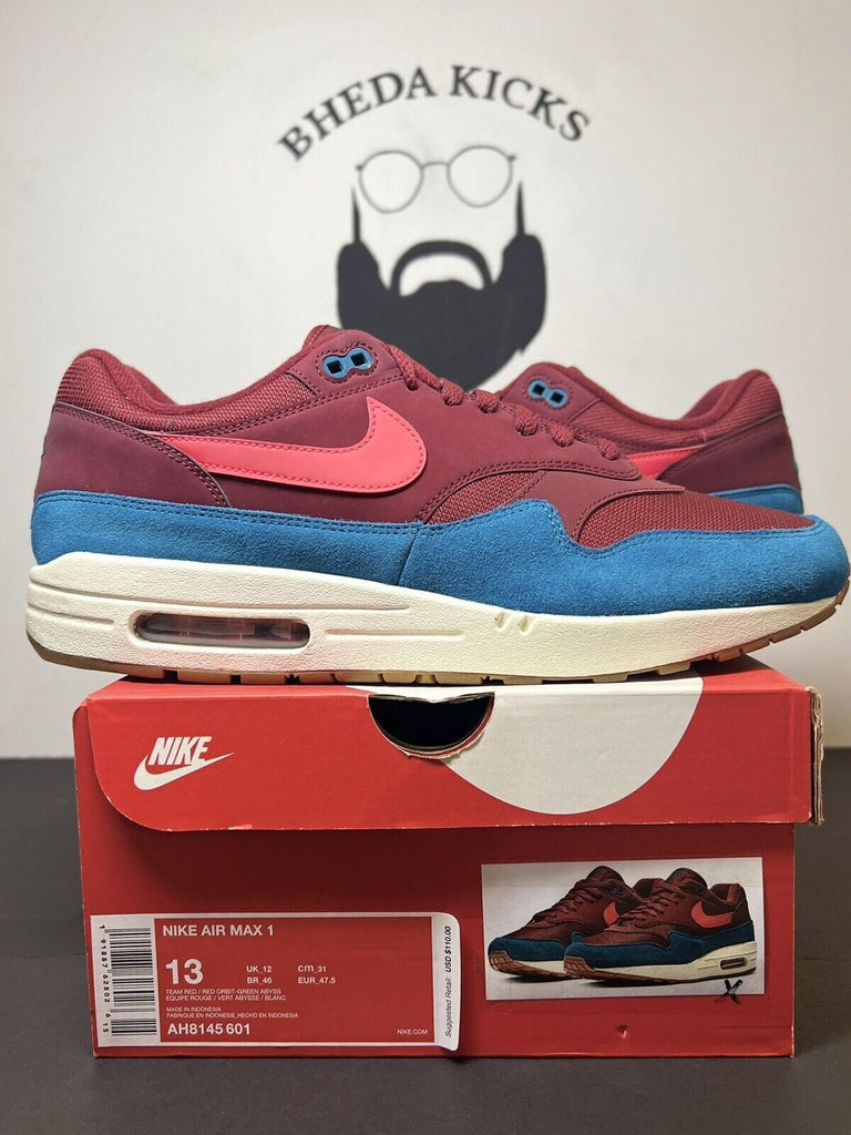 Nike Air Max 1 Burgundy Teal Men’s Size 13 Green Abyss AH8145-601 Preowned Rare