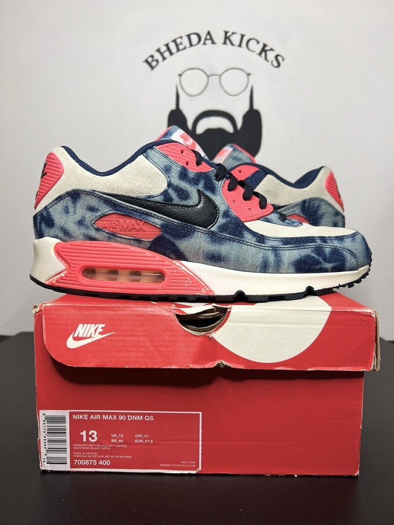 Nike Air Max 90 DNM Washed Denim QS Navy Blue Black Infrared 700875-400 Men's 13