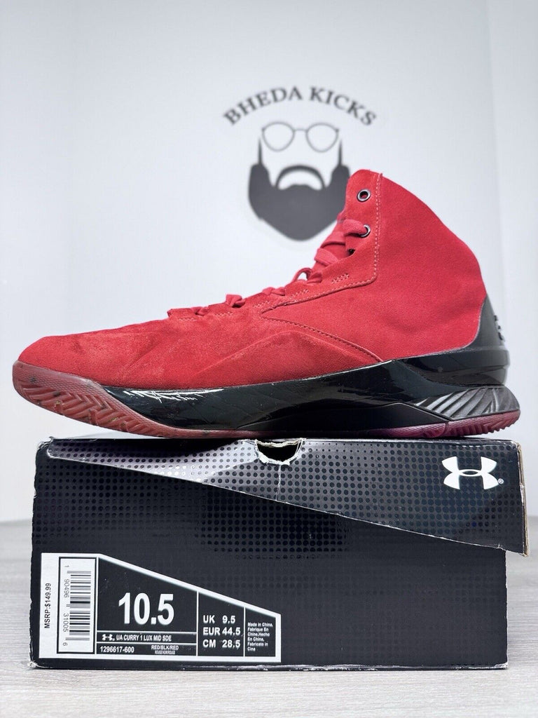 Size 10.5 - Under Armour Curry 1 Lux Mid Red Black Suede Basketball 1296617-600