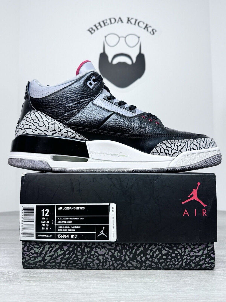 Size 12 - Nike Air Jordan Retro 3 Black Cement 2011  136064-010 Preowned