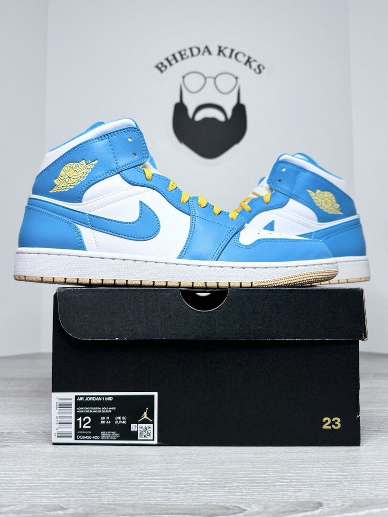 Size 12 - Air Jordan 1 Mid Aquatone Teal Tan White DQ8426-400 Preowned