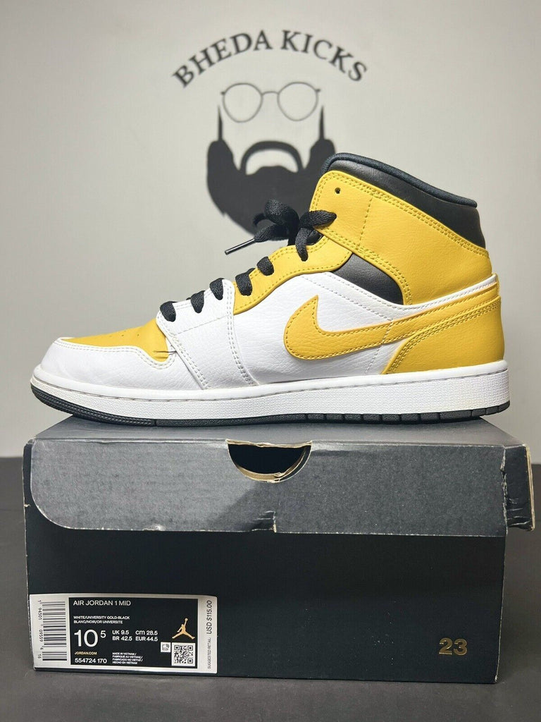 Air Jordan 1 Mid University Gold White Black 554724-170 Mens Size 10.5 Preowned