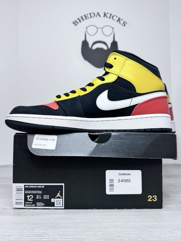 Size 12 - Nike Air Jordan 1 Mid SE Men's 852542-087 Black Amarillo Orange Shoes