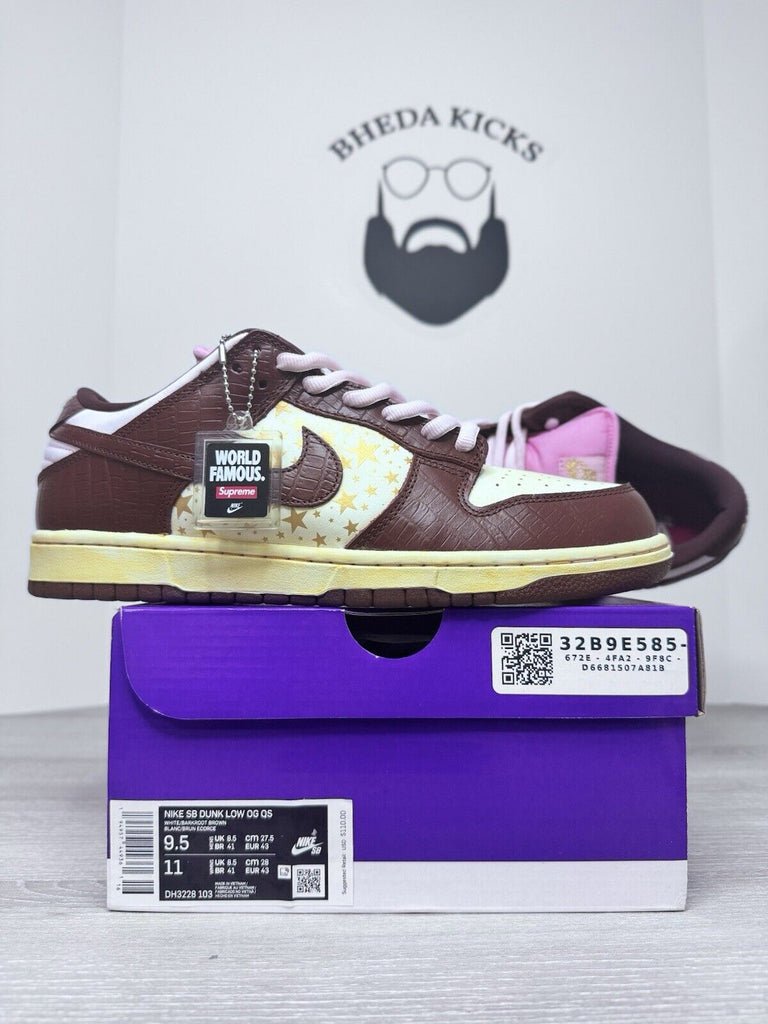 Size 9.5 Nike Supreme x Dunk OG SB QS Low Barkroot Brown DH3228-103 NEW (Custom)