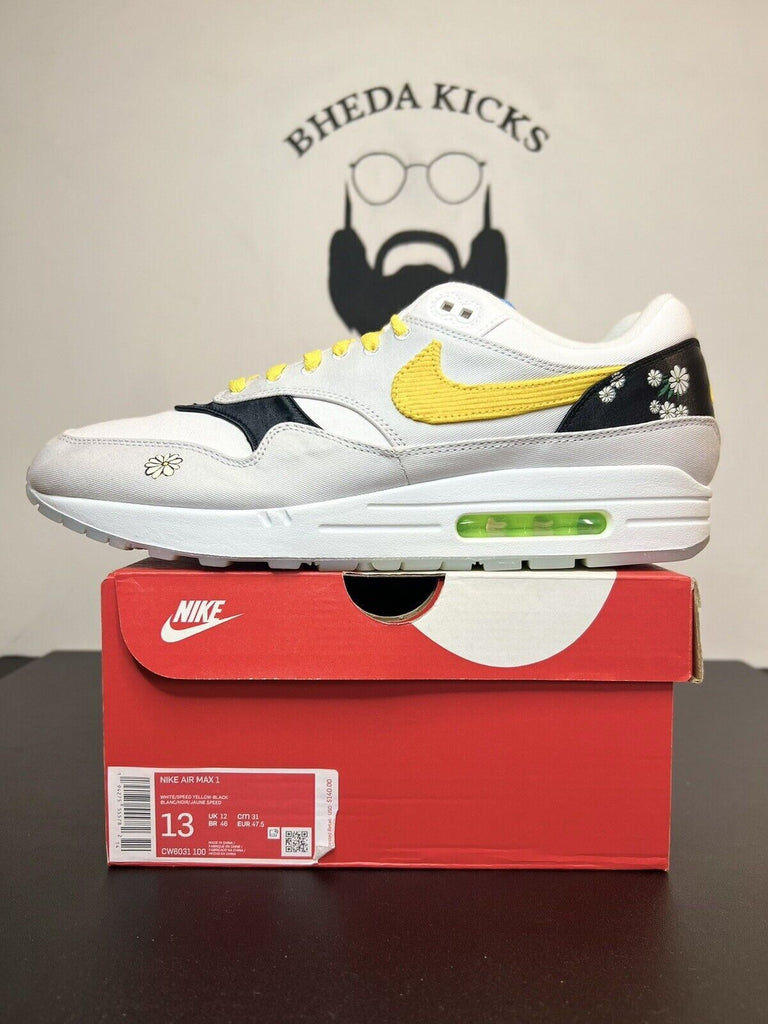 Nike Air Max 1 Daisy White/Grey/Black/Yellow CW6031-100 Mens Size 13 Preowned