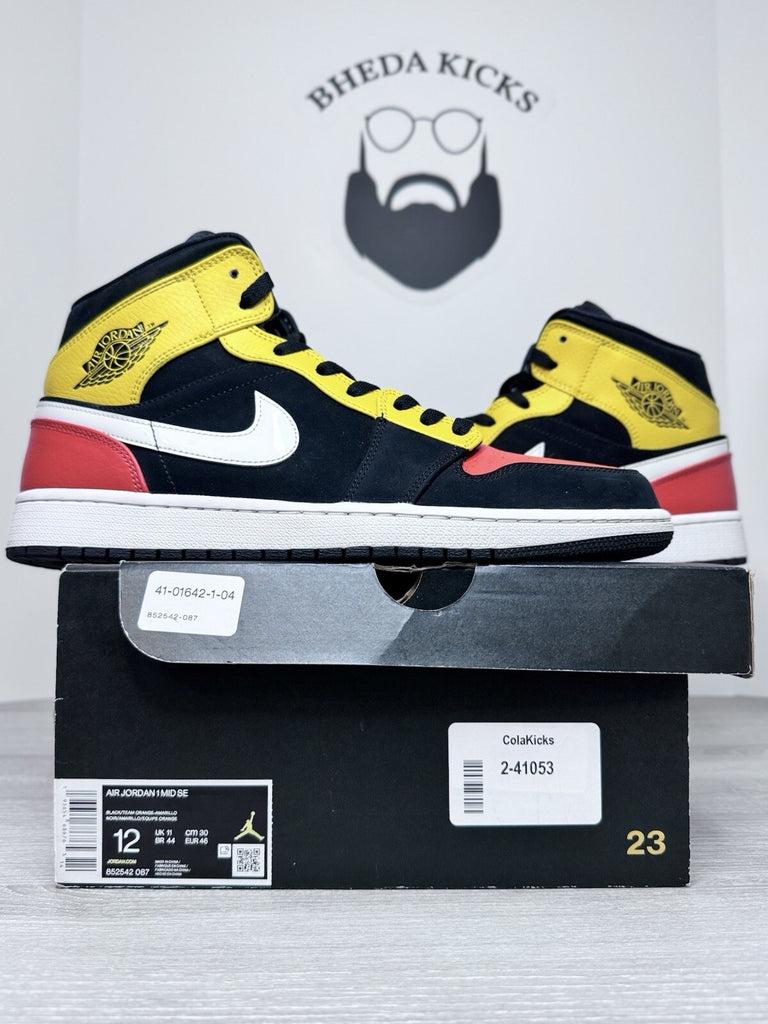 Size 12 - Nike Air Jordan 1 Mid SE Men's 852542-087 Black Amarillo Orange Shoes