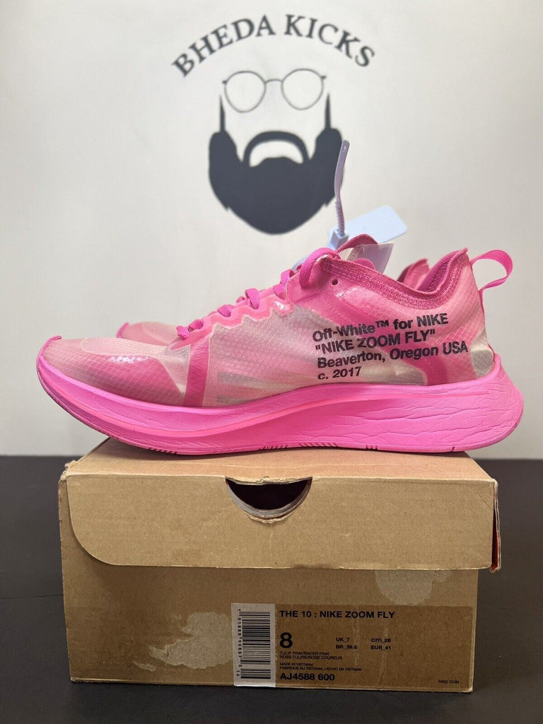 Nike Zoom Fly SP x OFF-WHITE Tulip ‘Pink’ Mens Size 8 Preowned AJ4588-600 Rare