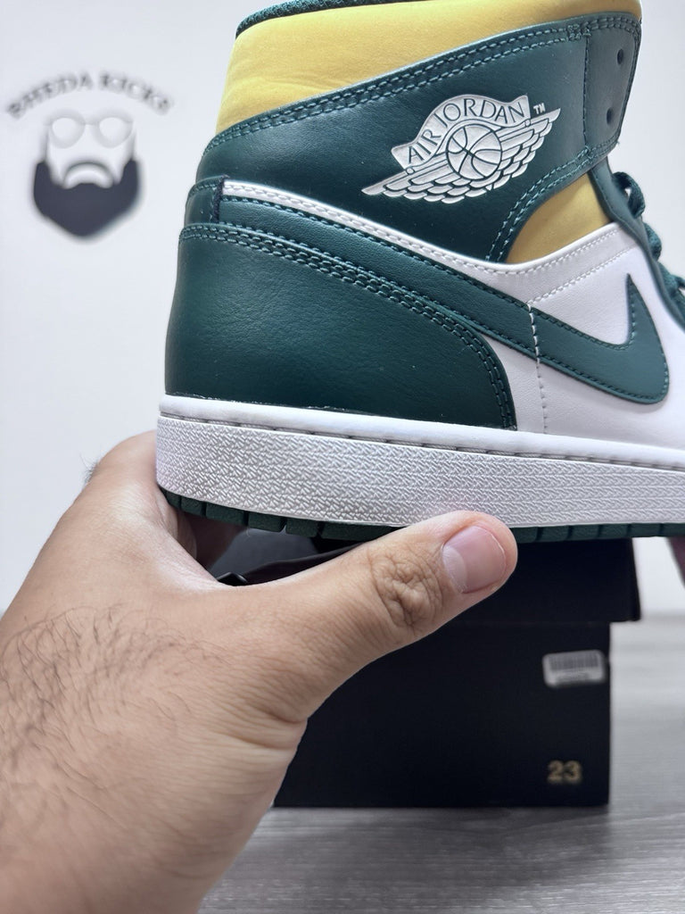 Size 11.5 - Nike Air Jordan 1 Mid Sonics Green White Yellow 554724-371 Preowned