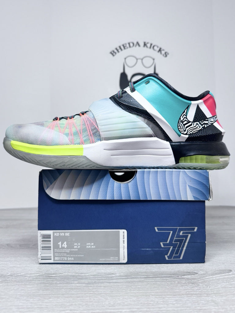 Size 14 - Nike KD 7 What The KD Pink Blue Green White Grey Leather (801778-944)