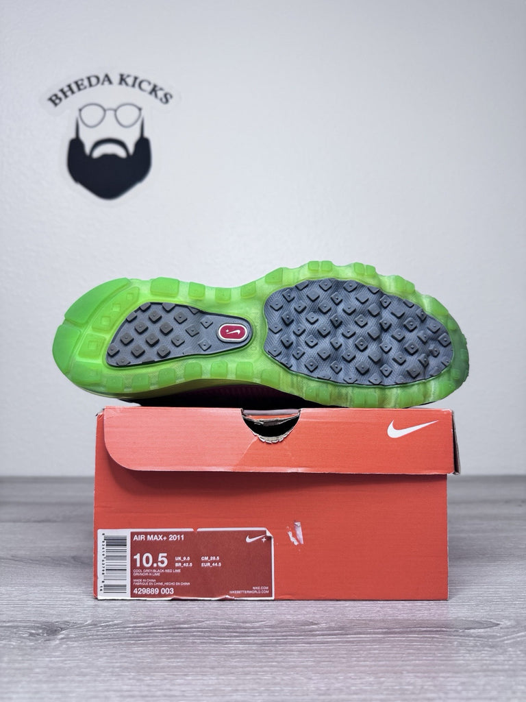 Size 10.5 - Nike Air Max+ 2011 Size Cool Grey Neon Lime Men’s 429889-003