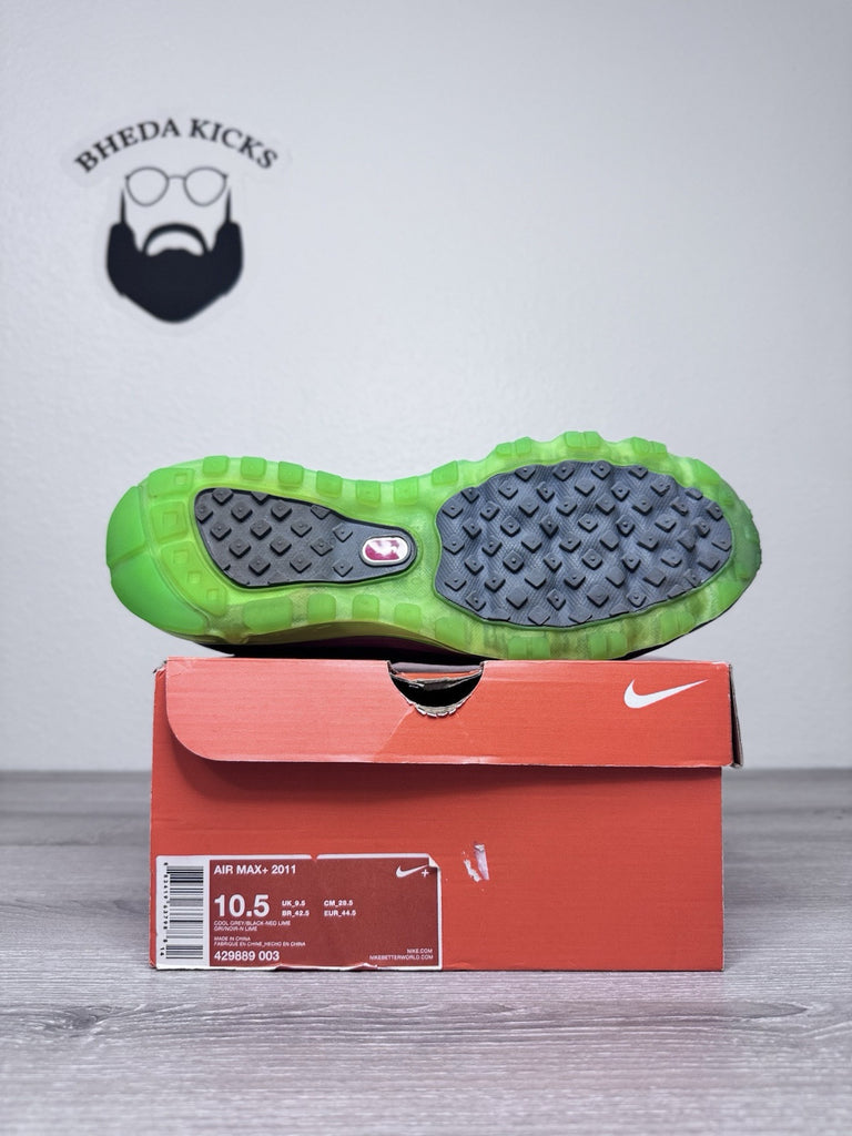 Size 10.5 - Nike Air Max+ 2011 Size Cool Grey Neon Lime Men’s 429889-003