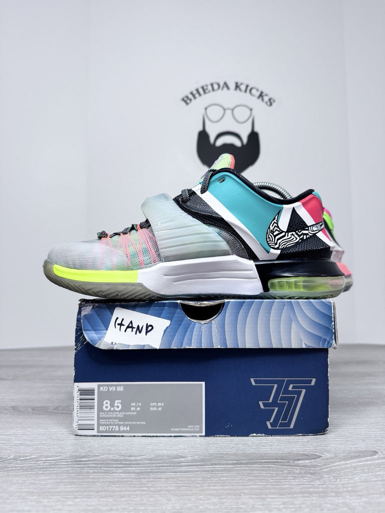 Size 8.5 - Nike KD 7 What The KD Pink Blue Green White Grey Leather (801778-944)