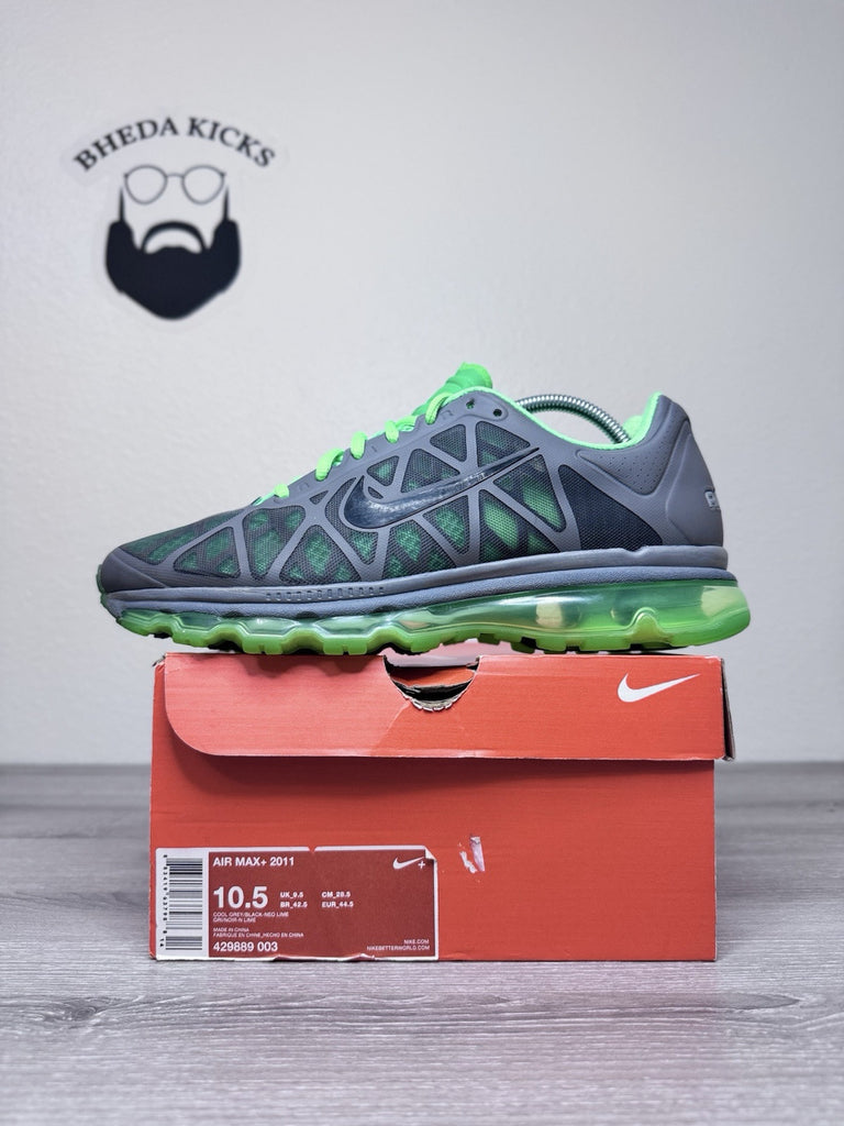 Size 10.5 - Nike Air Max+ 2011 Size Cool Grey Neon Lime Men’s 429889-003