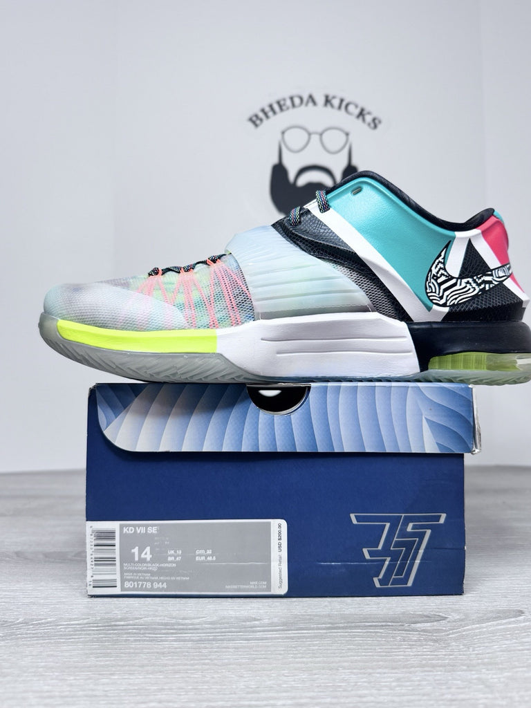 Size 14 - Nike KD 7 What The KD Pink Blue Green White Grey Leather (801778-944)