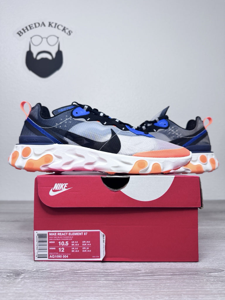 Size 10.5 - Nike React Element 87 Men's Wolf Grey Black Orange AQ1090-004 NEW DS