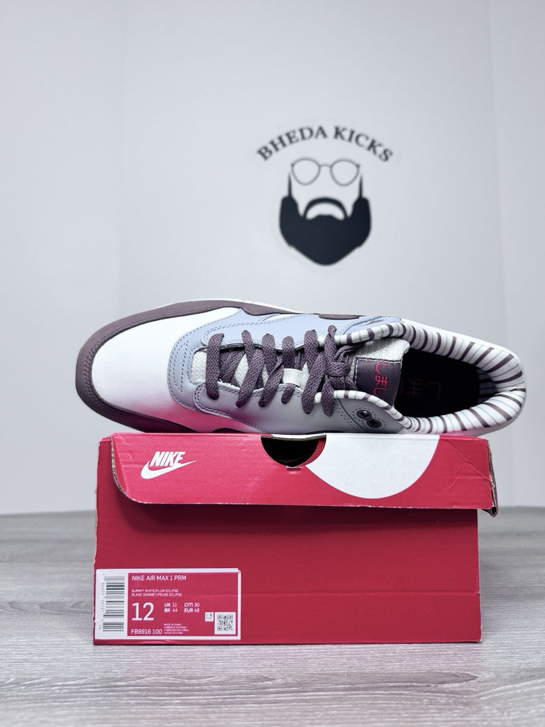 Size 12 - Nike Air Max 1 Premium Plum Eclipse ‘Shima Shima’ FB8916-100 NEW DS