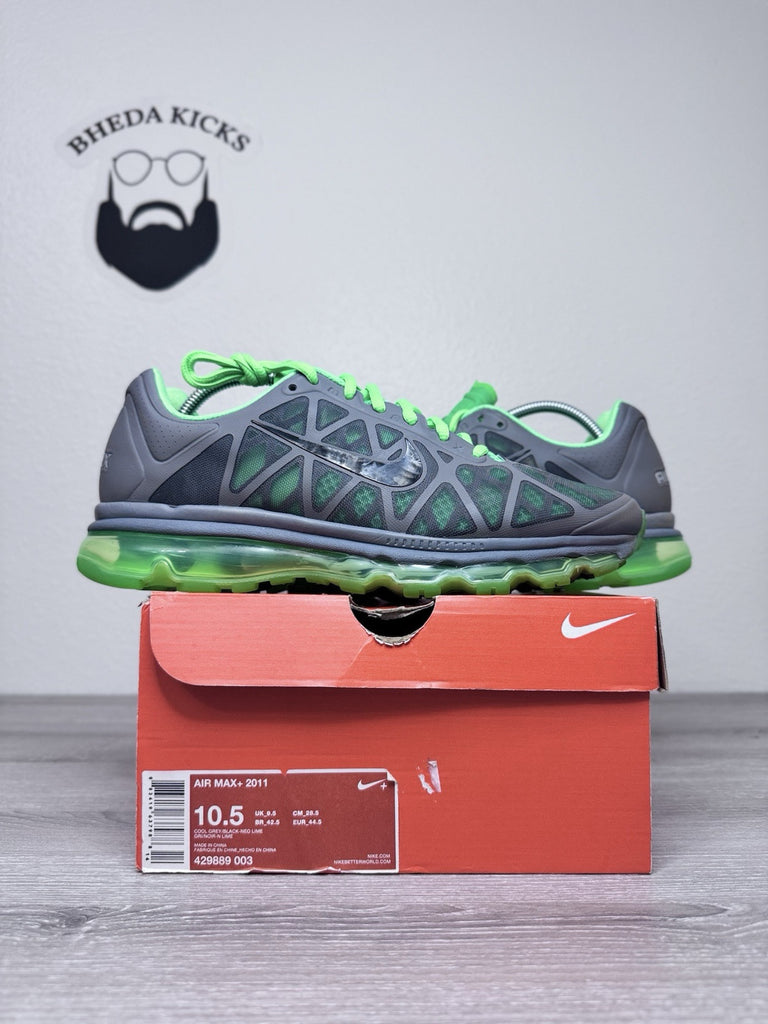 Size 10.5 - Nike Air Max+ 2011 Size Cool Grey Neon Lime Men’s 429889-003